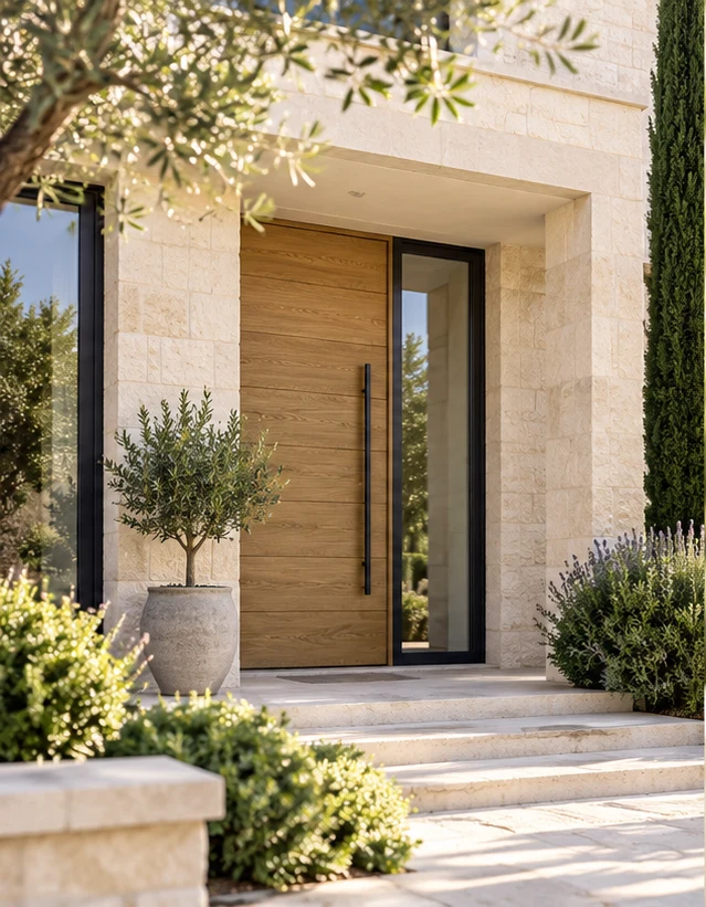 Porte d’entrée en bois dans une façade en pierre